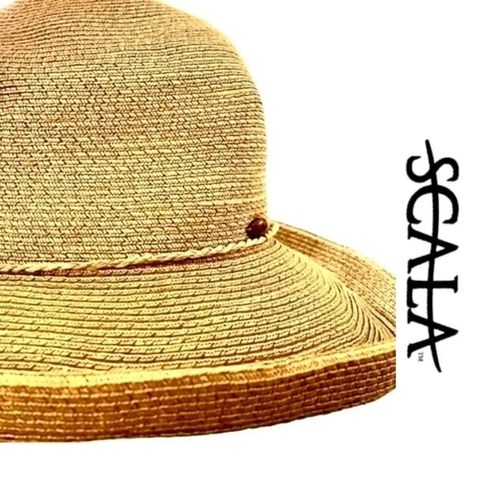 Scala Collection Women Tan Sage Green Paper Straw Sun Hat Wide Brim Beach Summer